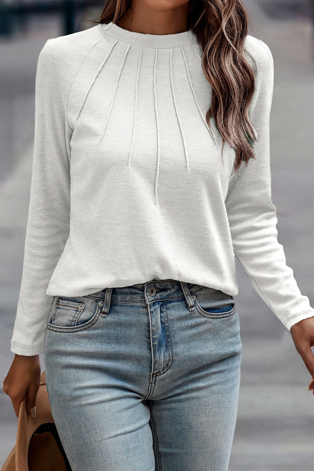 White Solid color seam detail long sleeve top