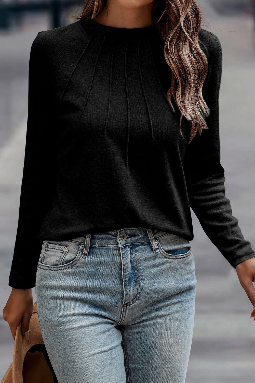 Black Solid color seam detail long sleeve top