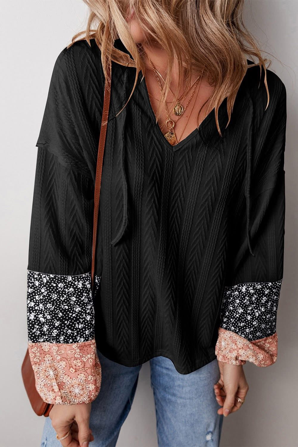 Black Floral Drawstring Patchwork Pullover